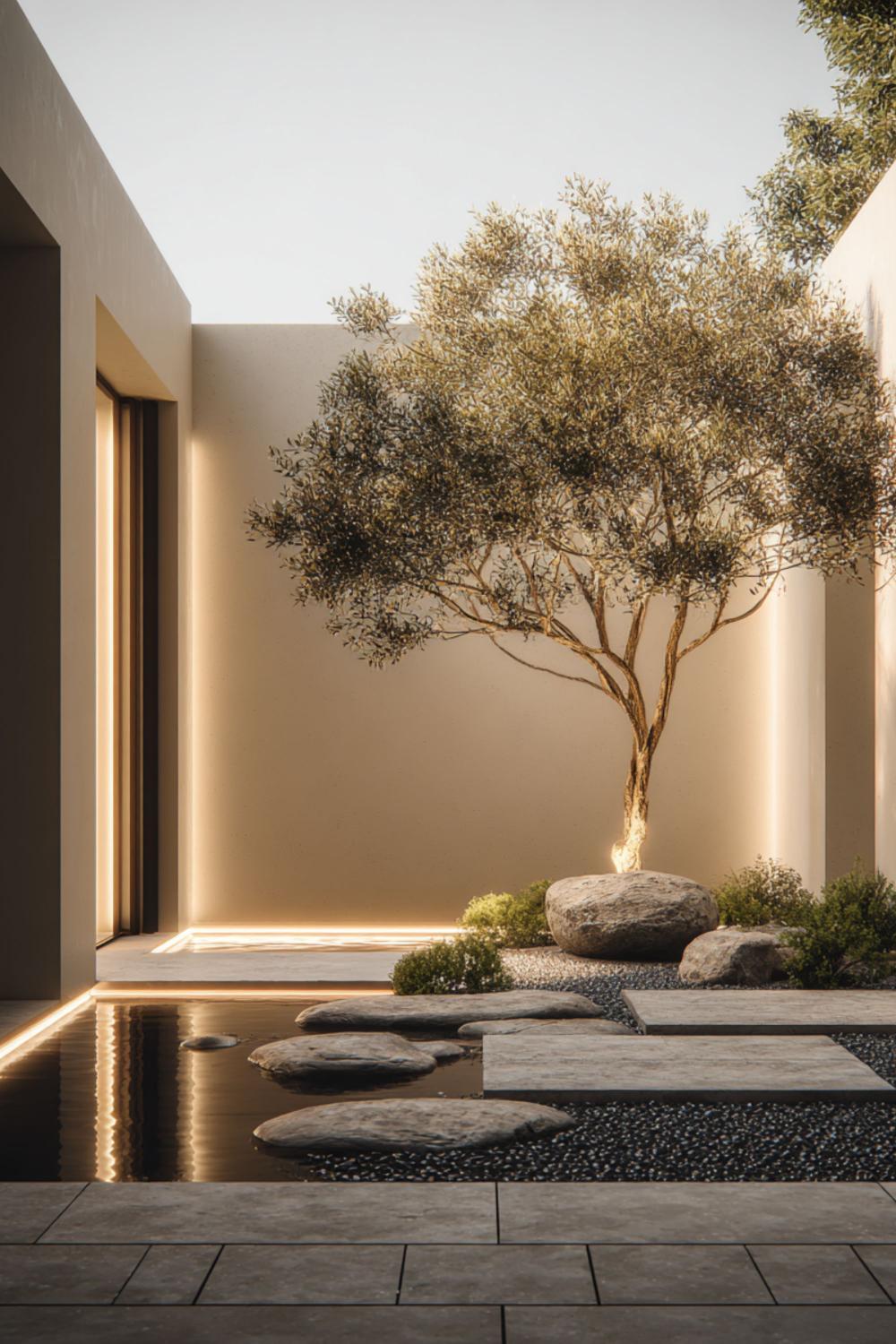 Japanese-inspired spa courtyard with an olive tree, natural stone, and minimalist architectural surroundings