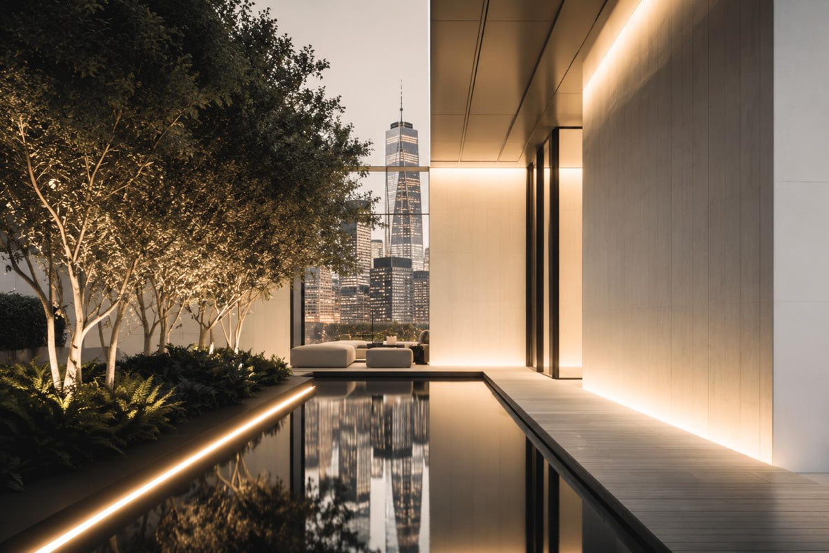 Luxury wellness architecture with a reflecting pool, illuminated trees, and city skyline at Reflection Spa by HEAVEN