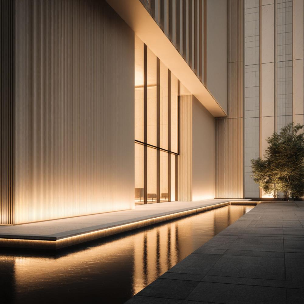 Minimalist spa architecture featuring vertical facade detailing, natural textures, and warm architectural lighting