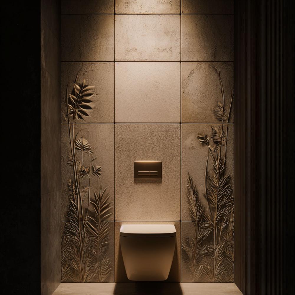 Peaceful wellness scene with a woman relaxing beside water in a warm natural stone spa environment