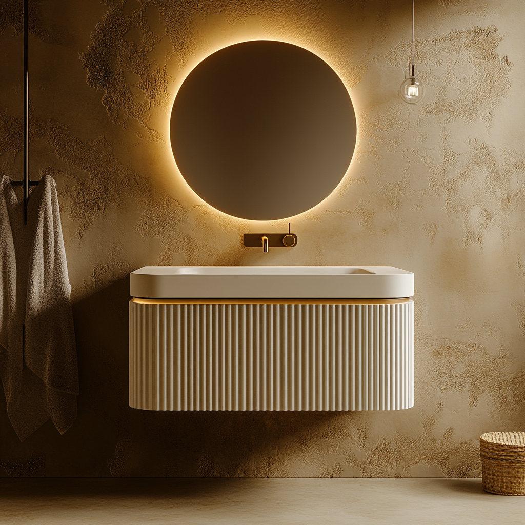 Luxury Floating Oak Vanity - Rounded Fluted Doors with Brass Trim