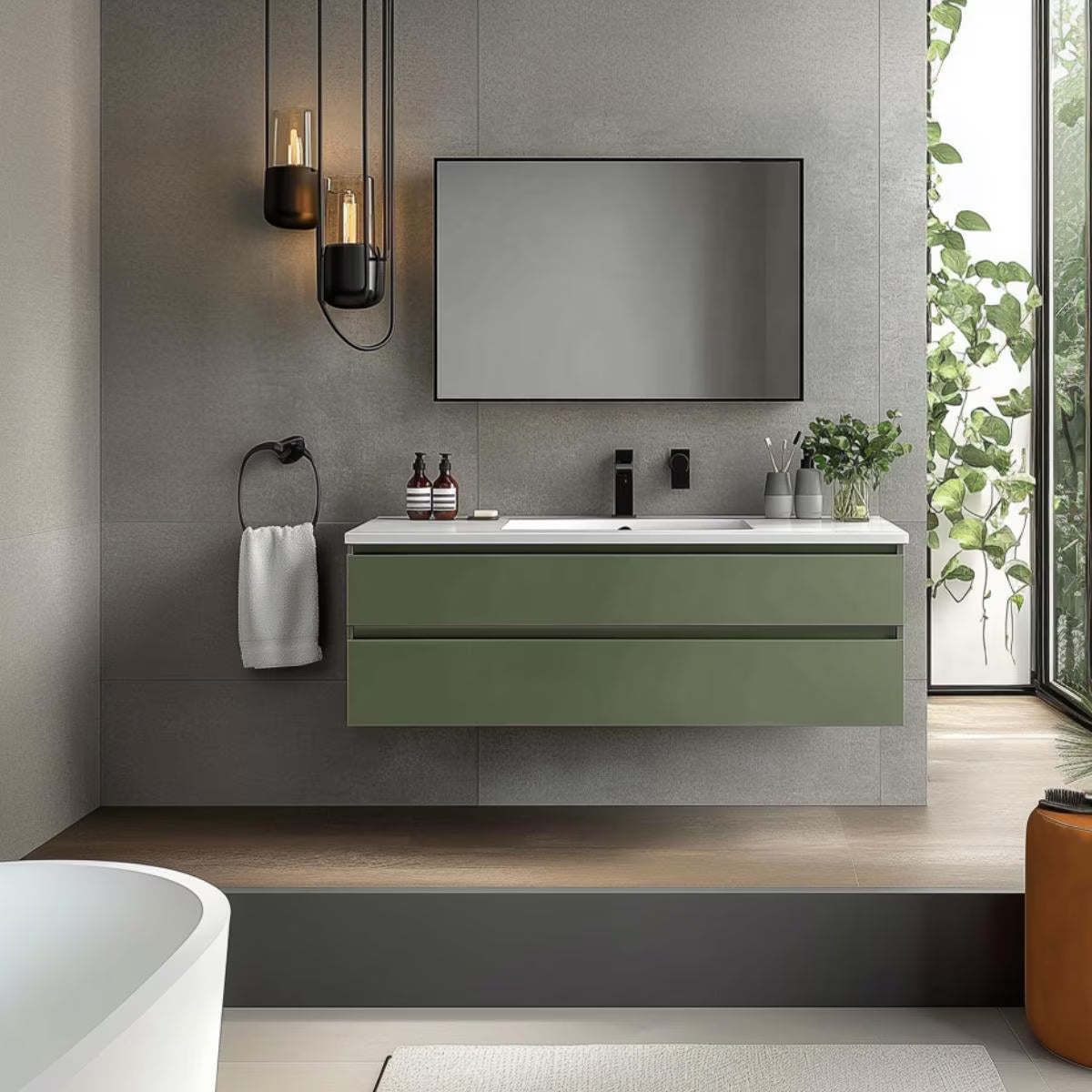 Sage green floating bathroom vanity with soft-close drawers