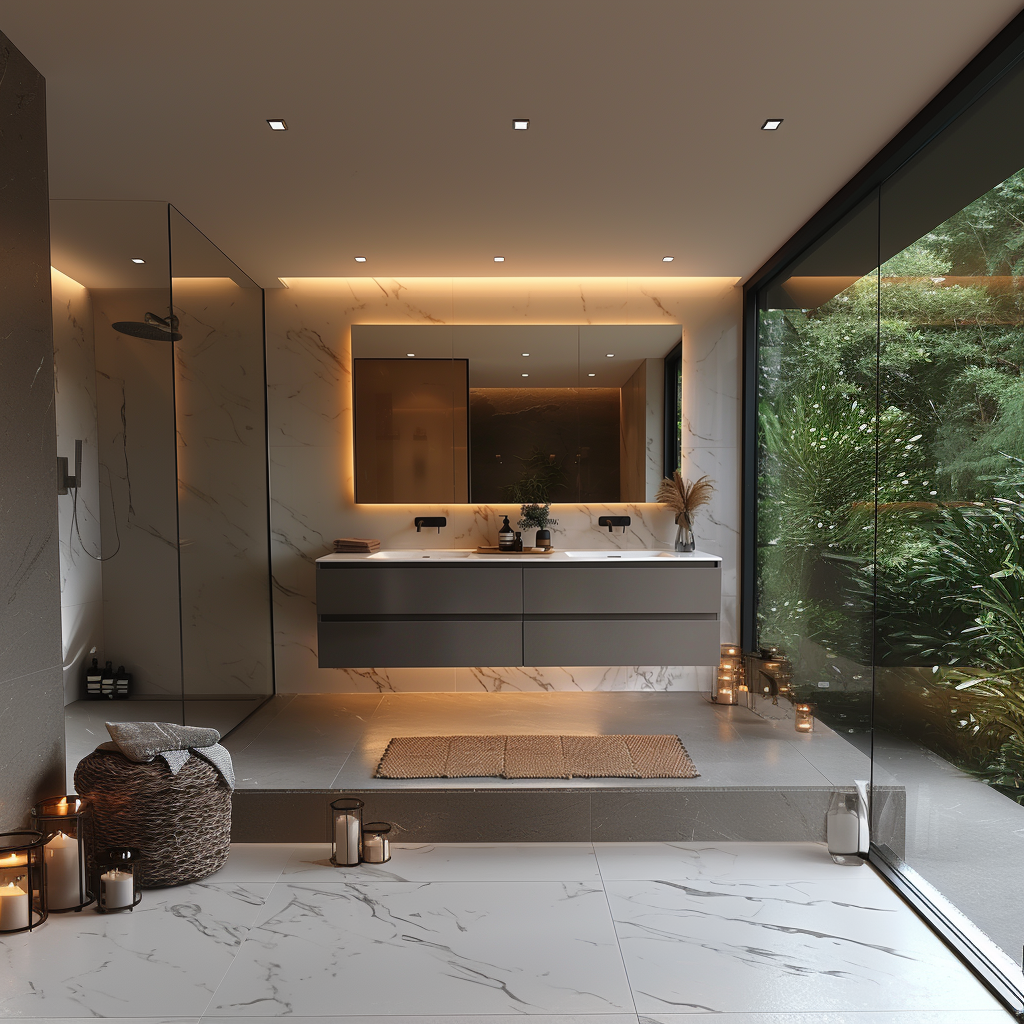 Modern bathroom with brown oak wall-mounted vanity and dual sinks.