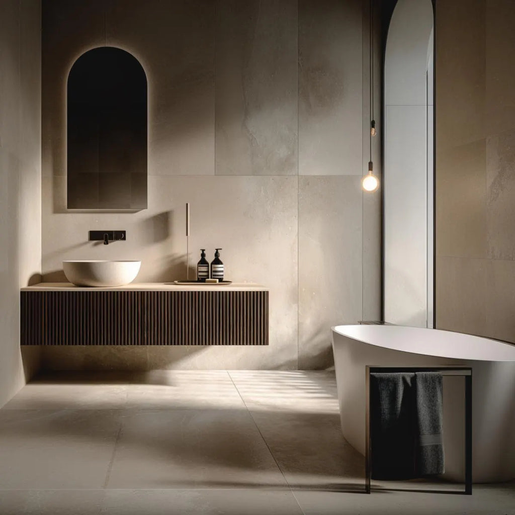 Modern slatted oak floating bathroom vanity with fluted front and minimalist wall-mounted design.