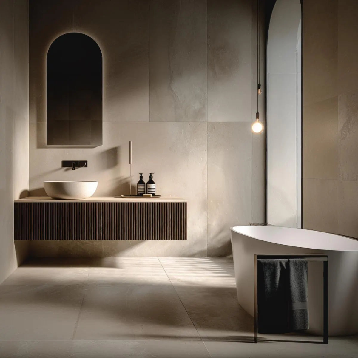 Modern slatted oak floating bathroom vanity with fluted front and minimalist wall-mounted design.