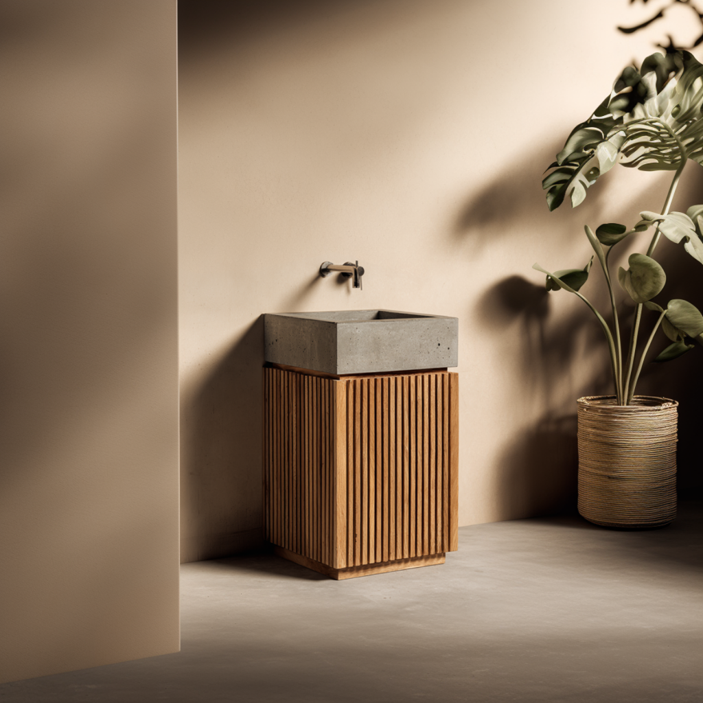 compact white oak bathroom vanity with fluted texture