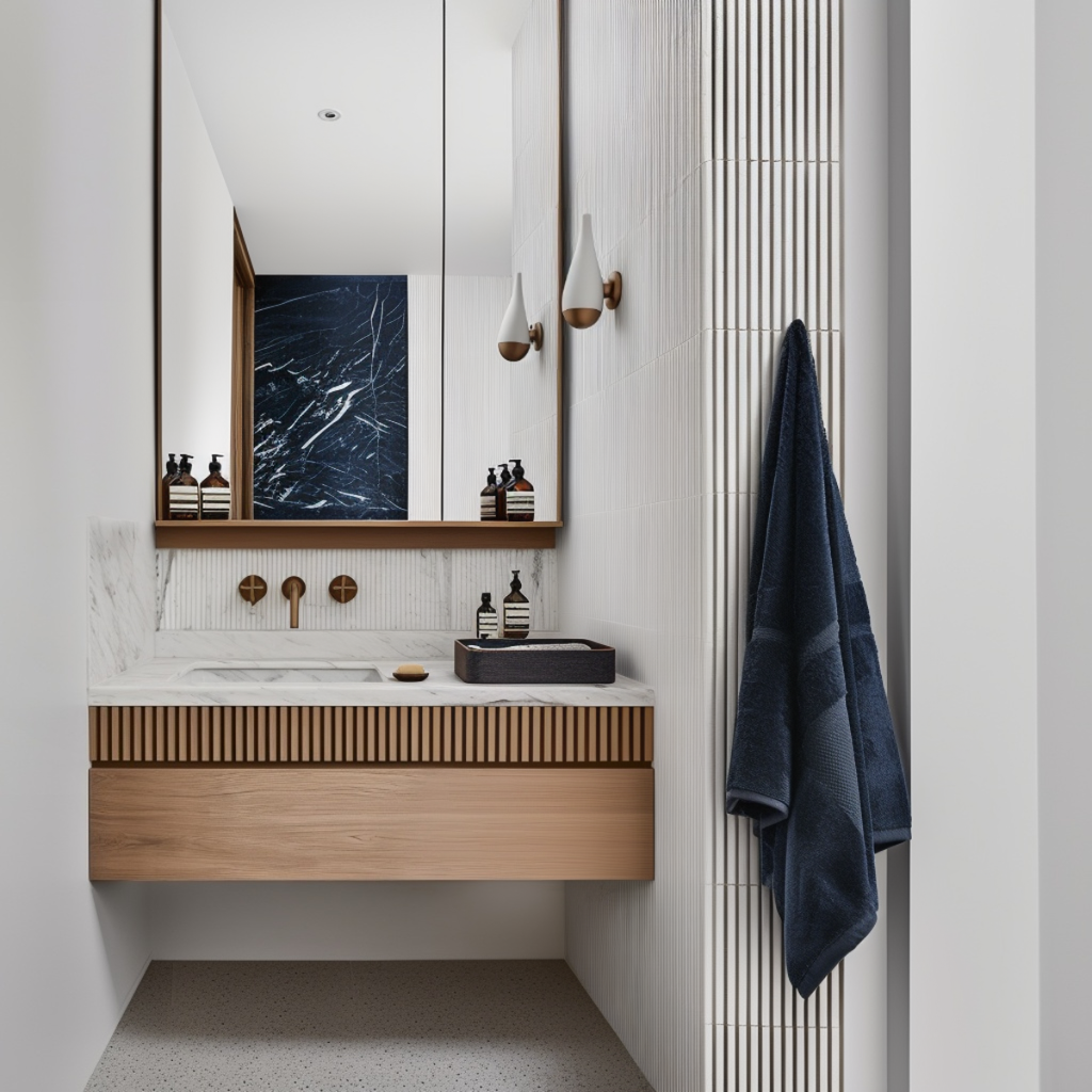 small fluted oak floating vanity with drawer