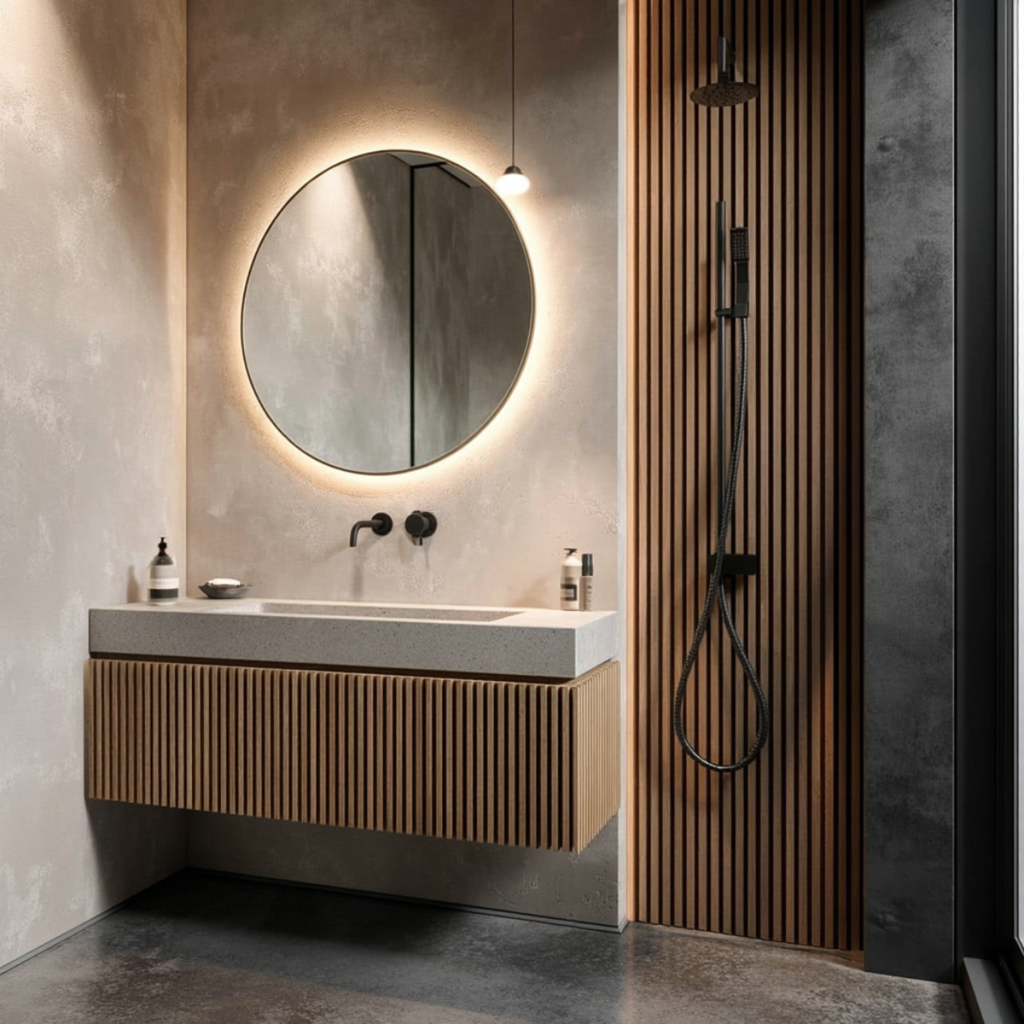 small fluted oak floating vanity