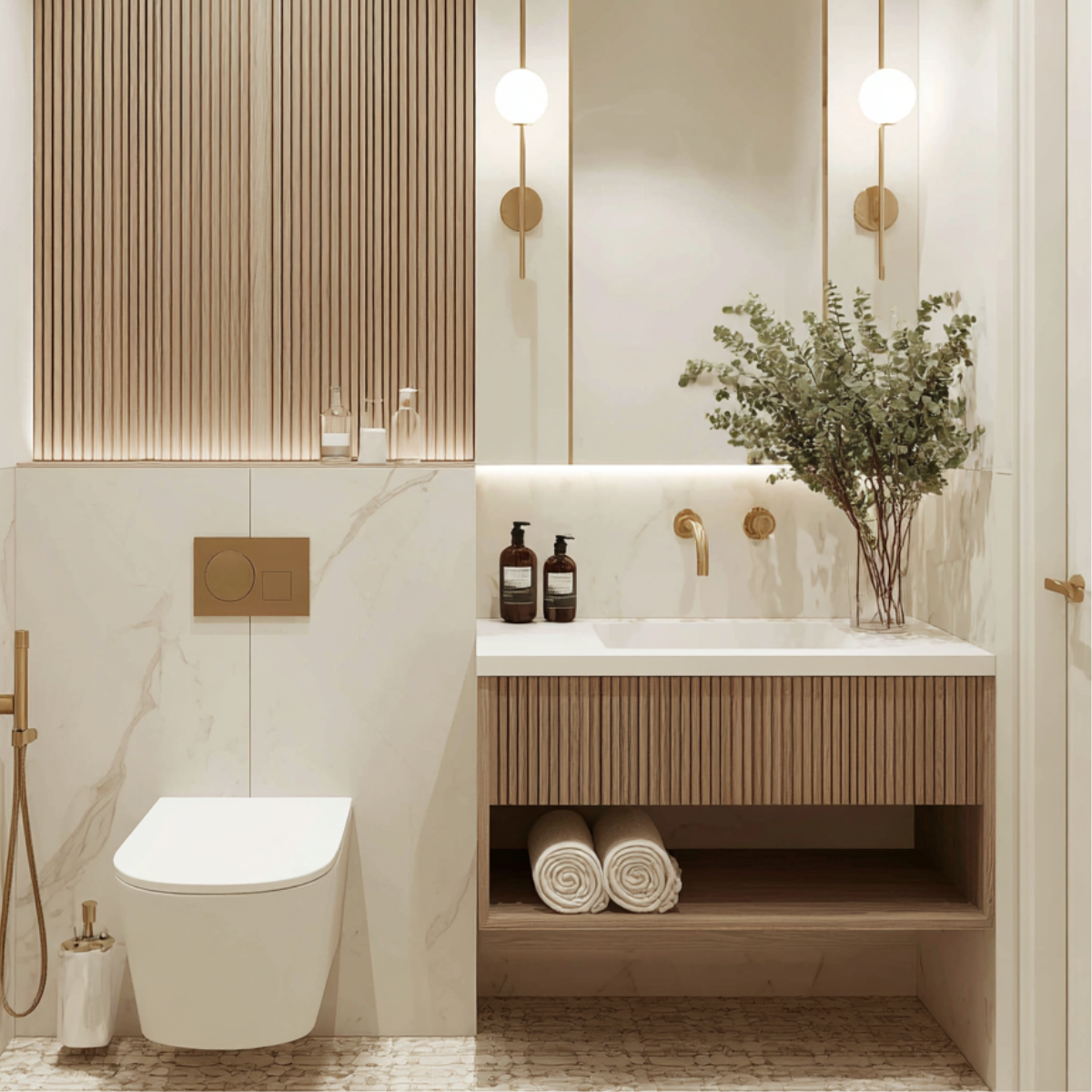 small fluted oak floating vanity