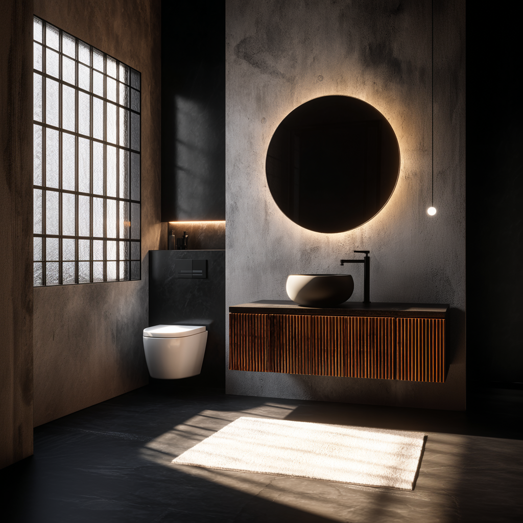 small fluted walnut floating vanity