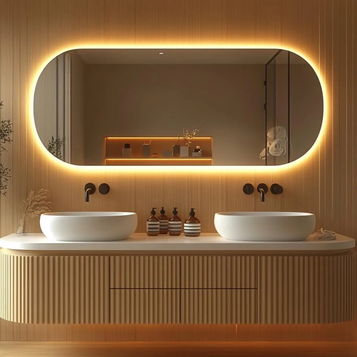 Solid oak floating double sink vanity with ribbed fronts and custom color finish.