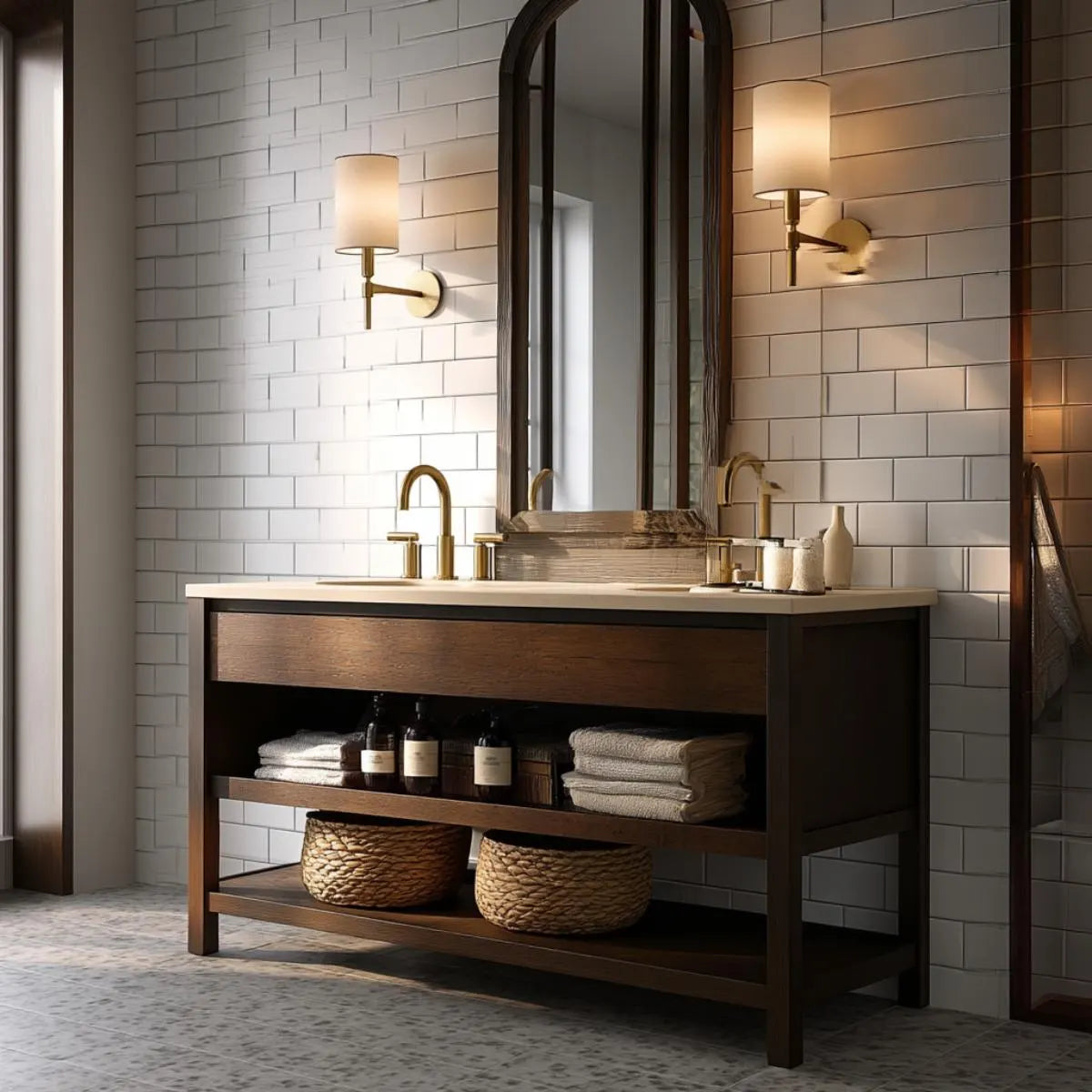 Solid oak freestanding bathroom vanity in dark ebony finish with open shelves, handcrafted by HEAVEN.