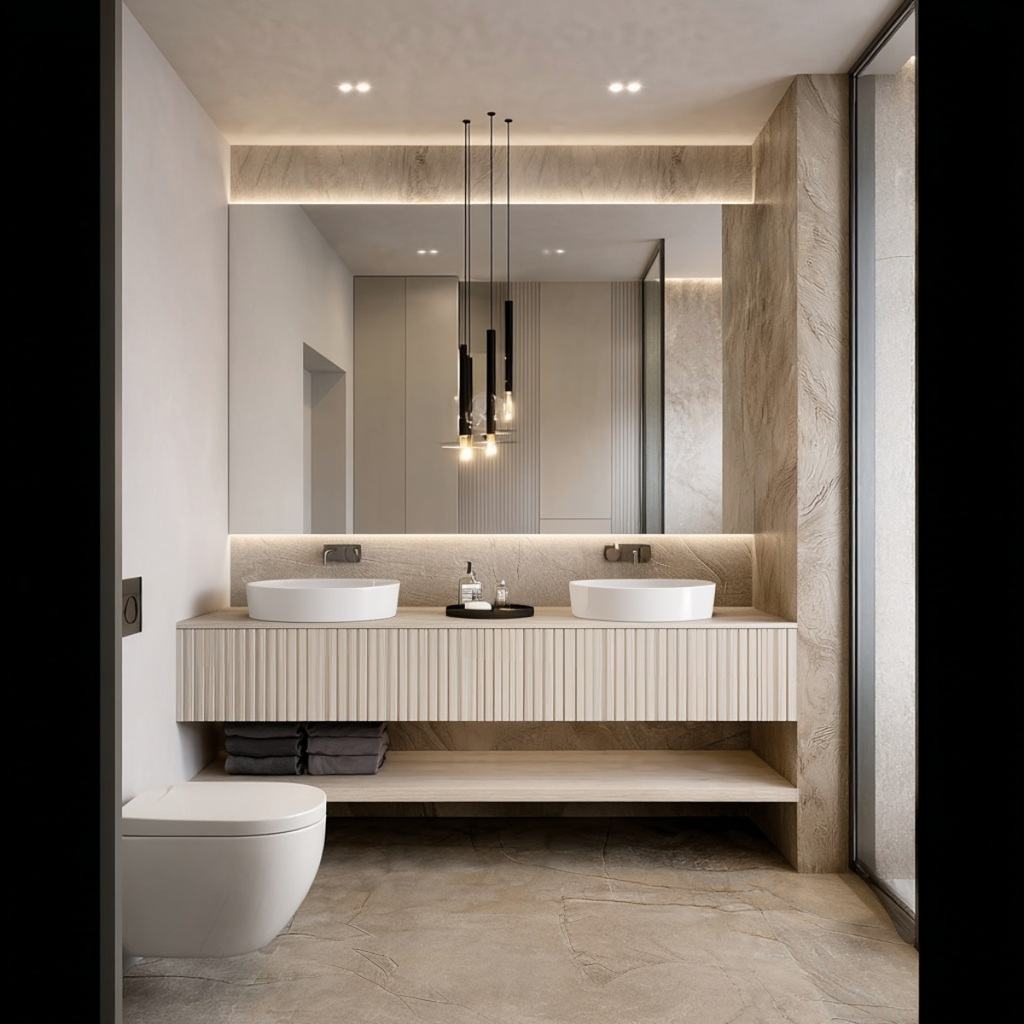 minimalist fluted white oak vanity double sink