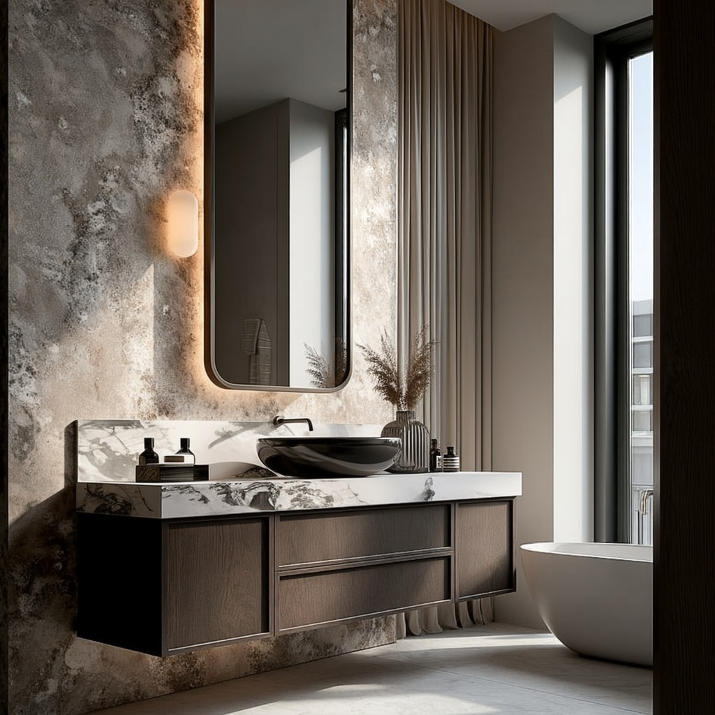 spa-style bathroom vanity in dark oak finish