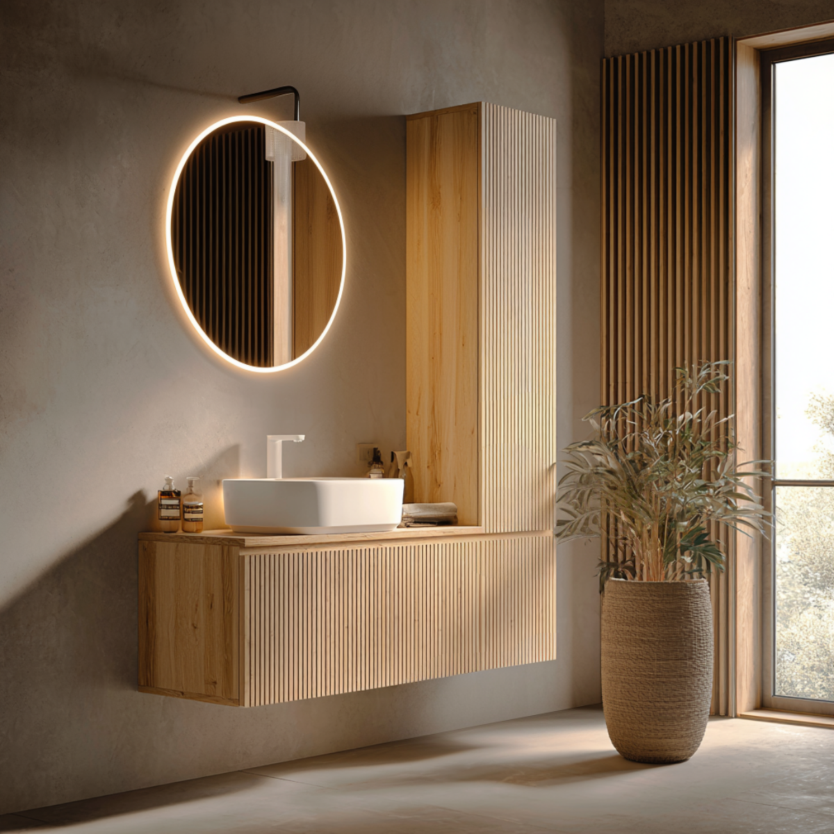 spa style fluted oak vanity wall mounted