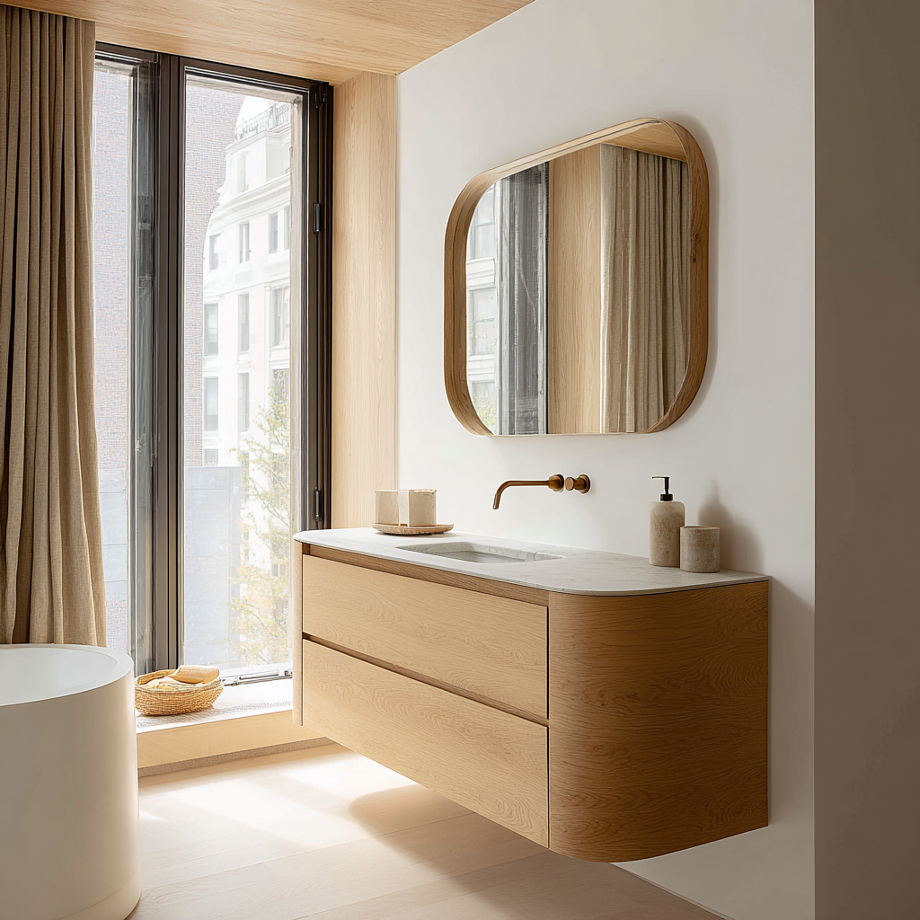 handmade white oak floating vanity minimalist design