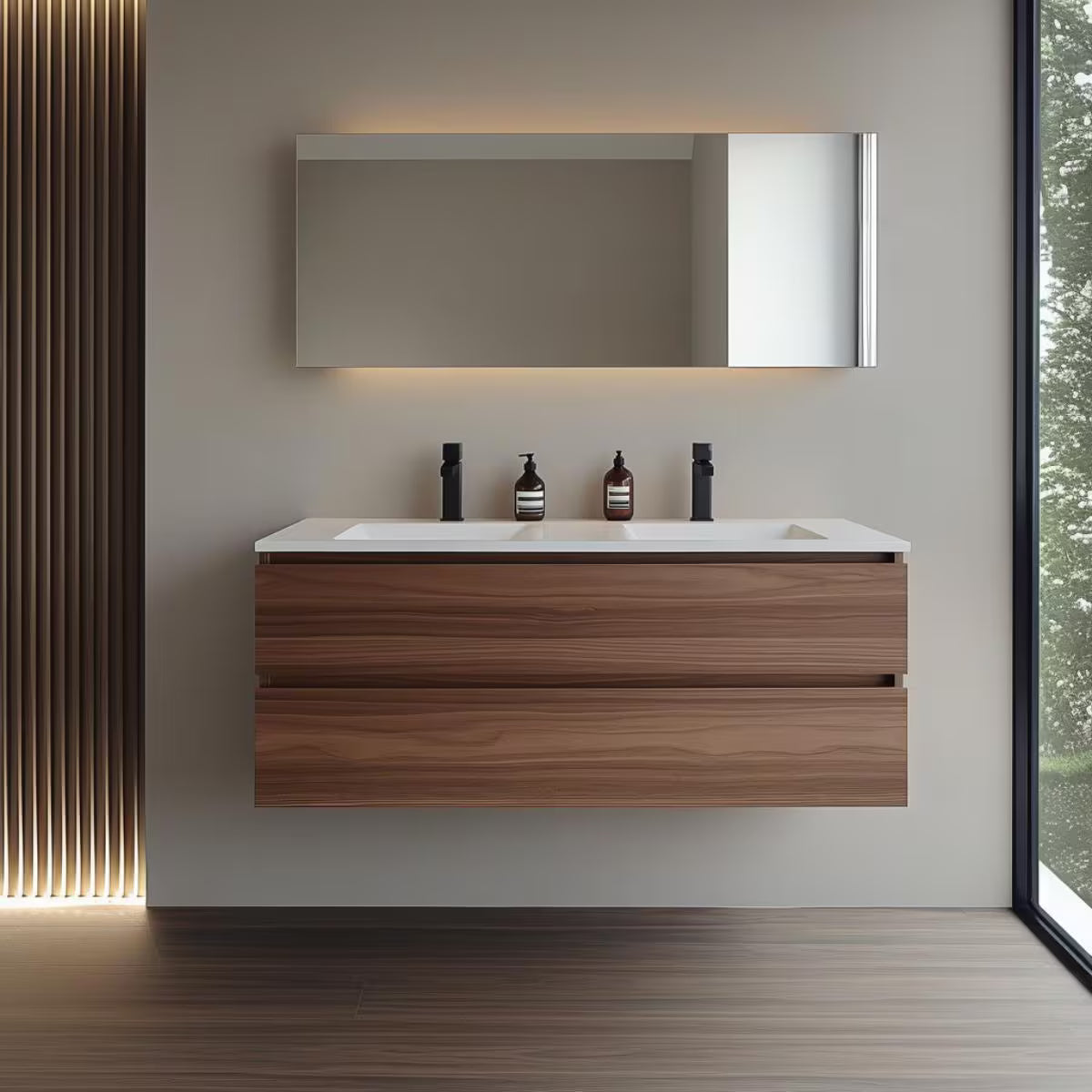 Modern walnut floating bathroom vanity with handleless drawers and soft-close slides.