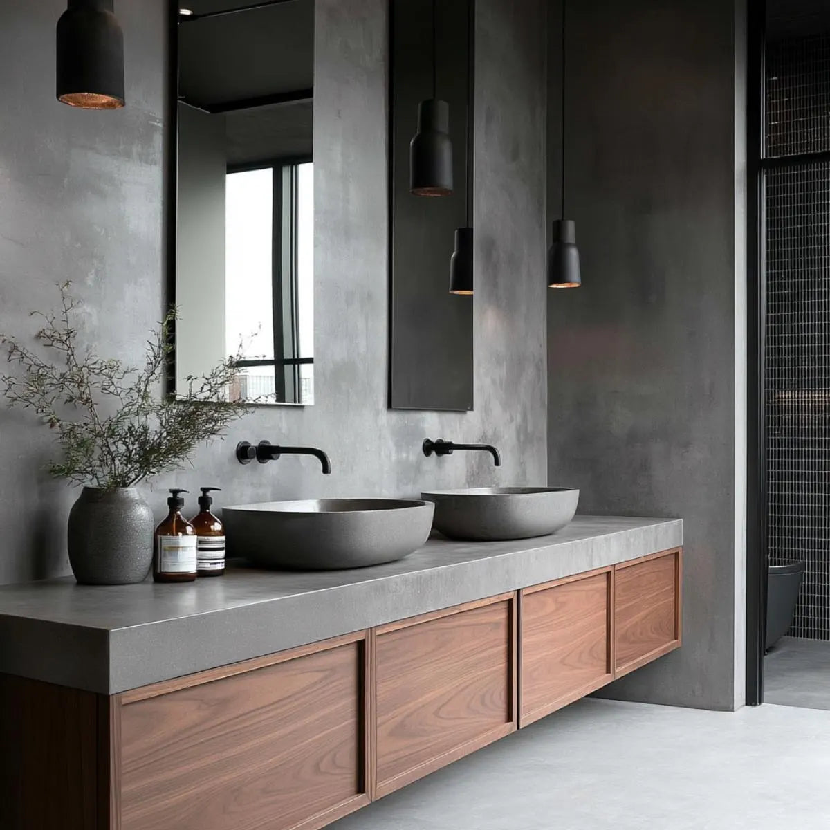 Floating walnut bathroom vanity with soft-close drawers and minimalist design, handcrafted by HEAVEN.