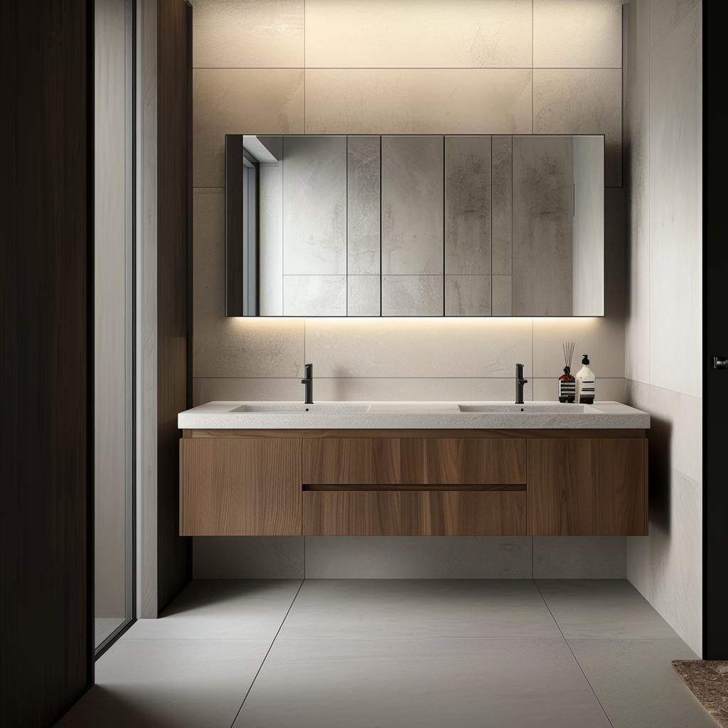 floating walnut bathroom vanity drawers doors