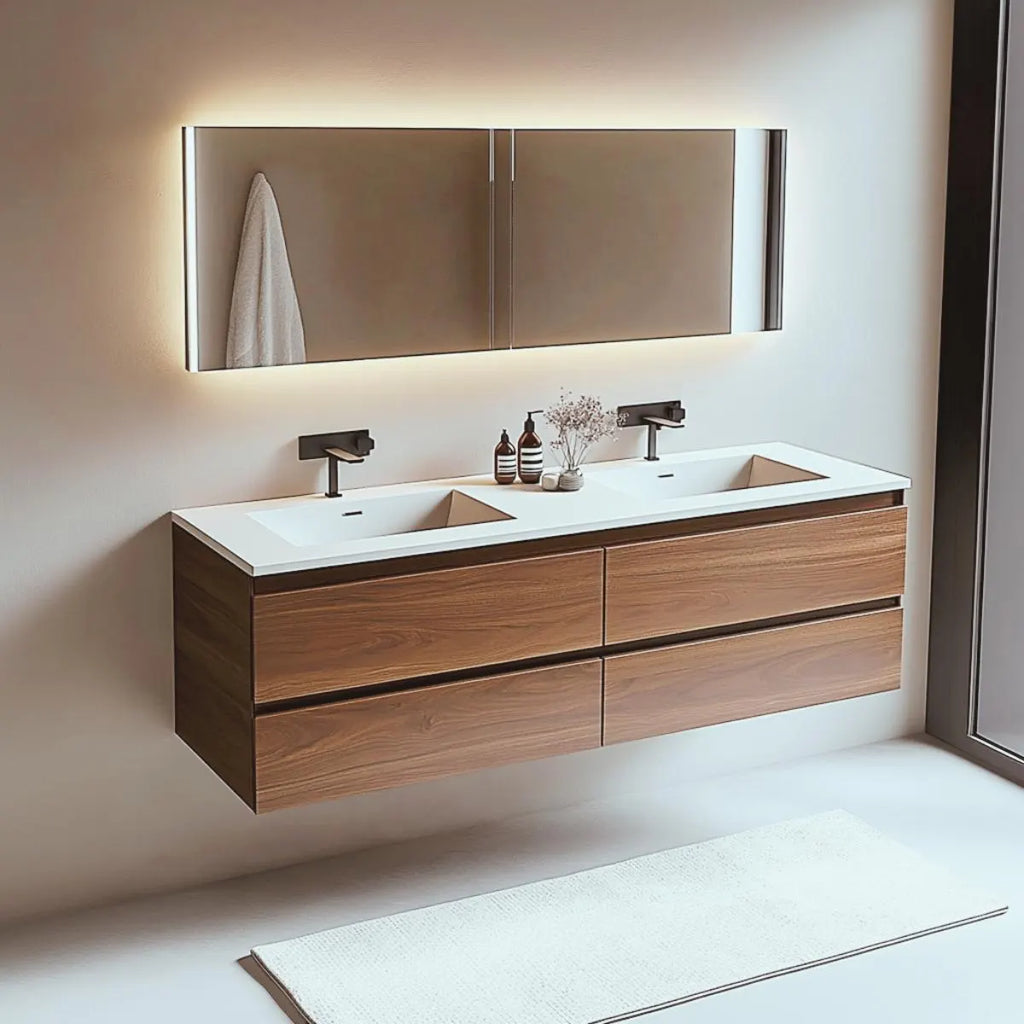 Walnut floating double sink vanity with soft-close drawers and horizontal grain.