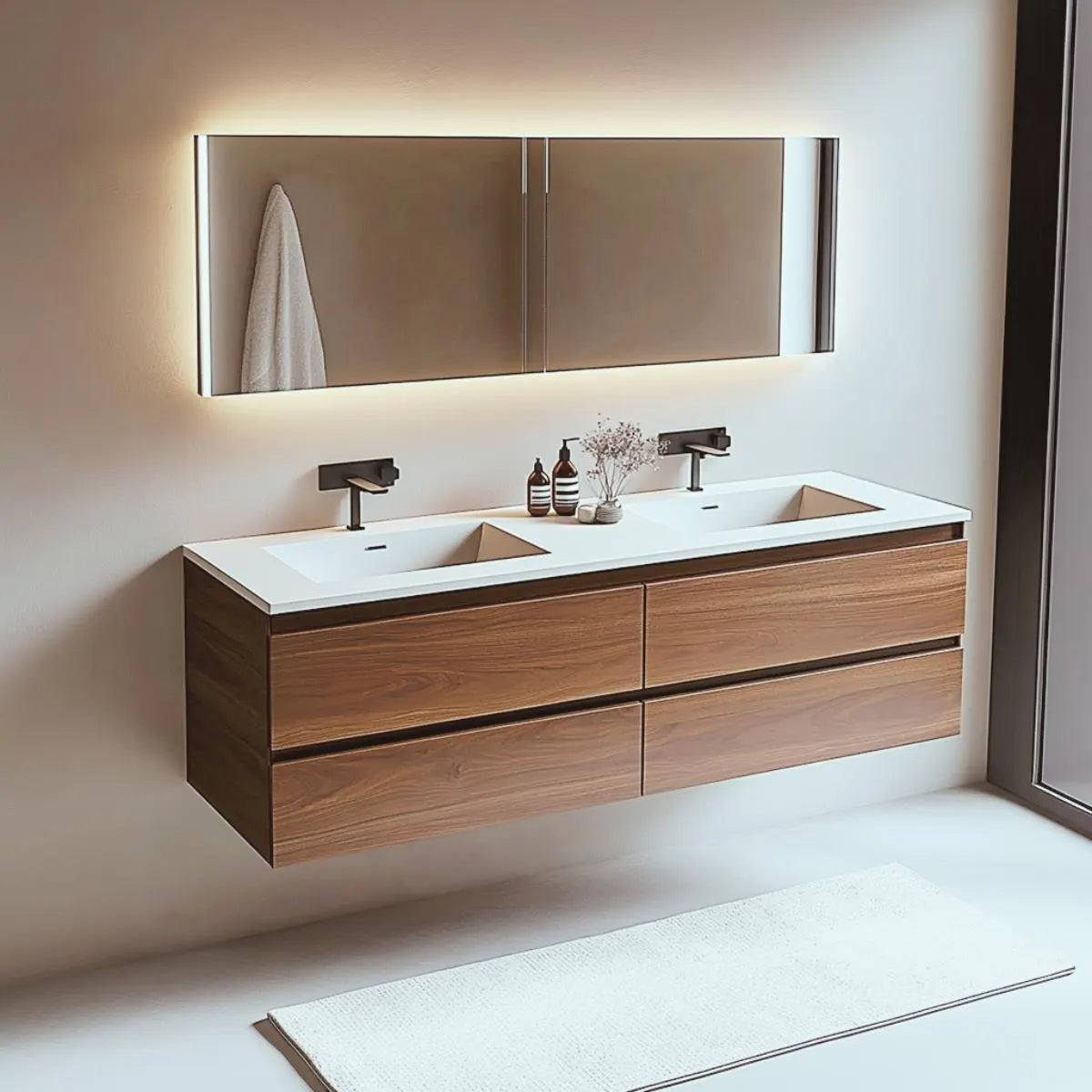 Walnut floating double sink vanity with soft-close drawers and horizontal grain.