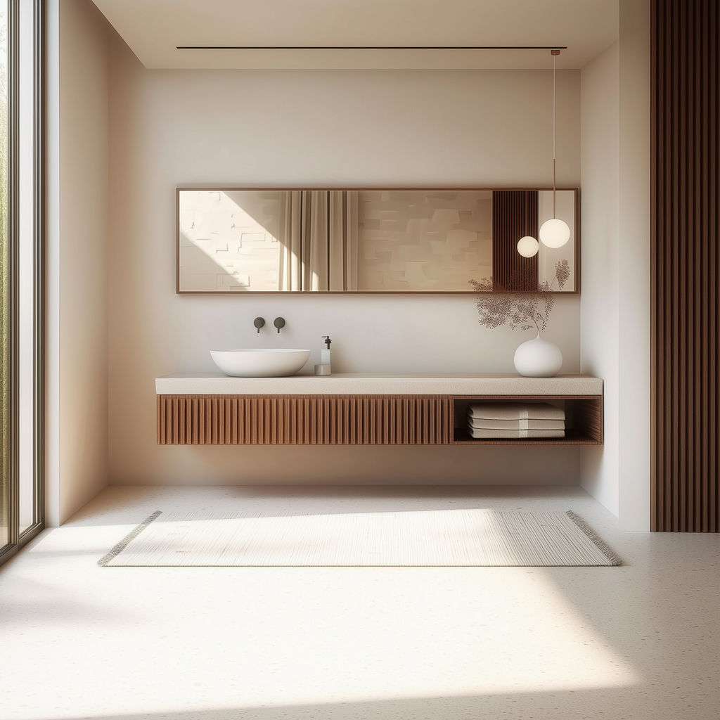 walnut floating vanity fluted fronts