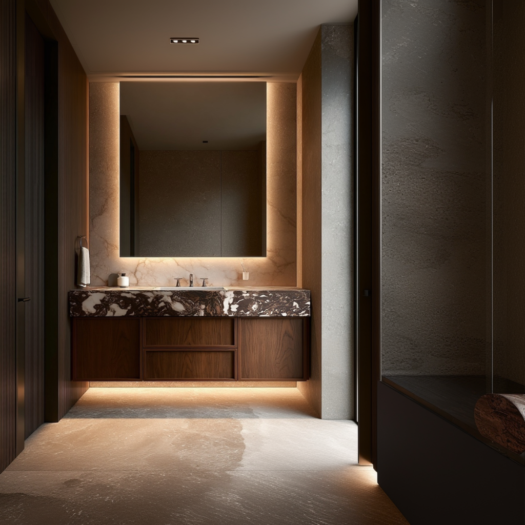 rich walnut tone floating vanity modern bathroom