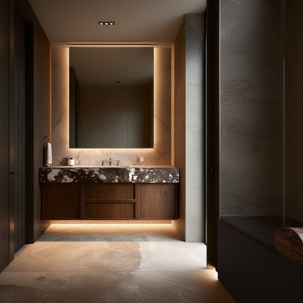 rich walnut tone floating vanity modern bathroom