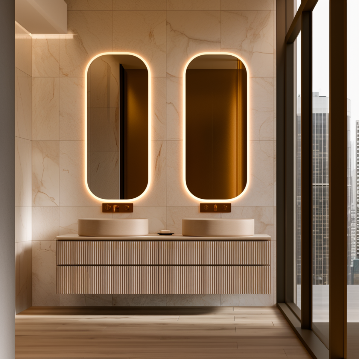walnut fluted floating vanity