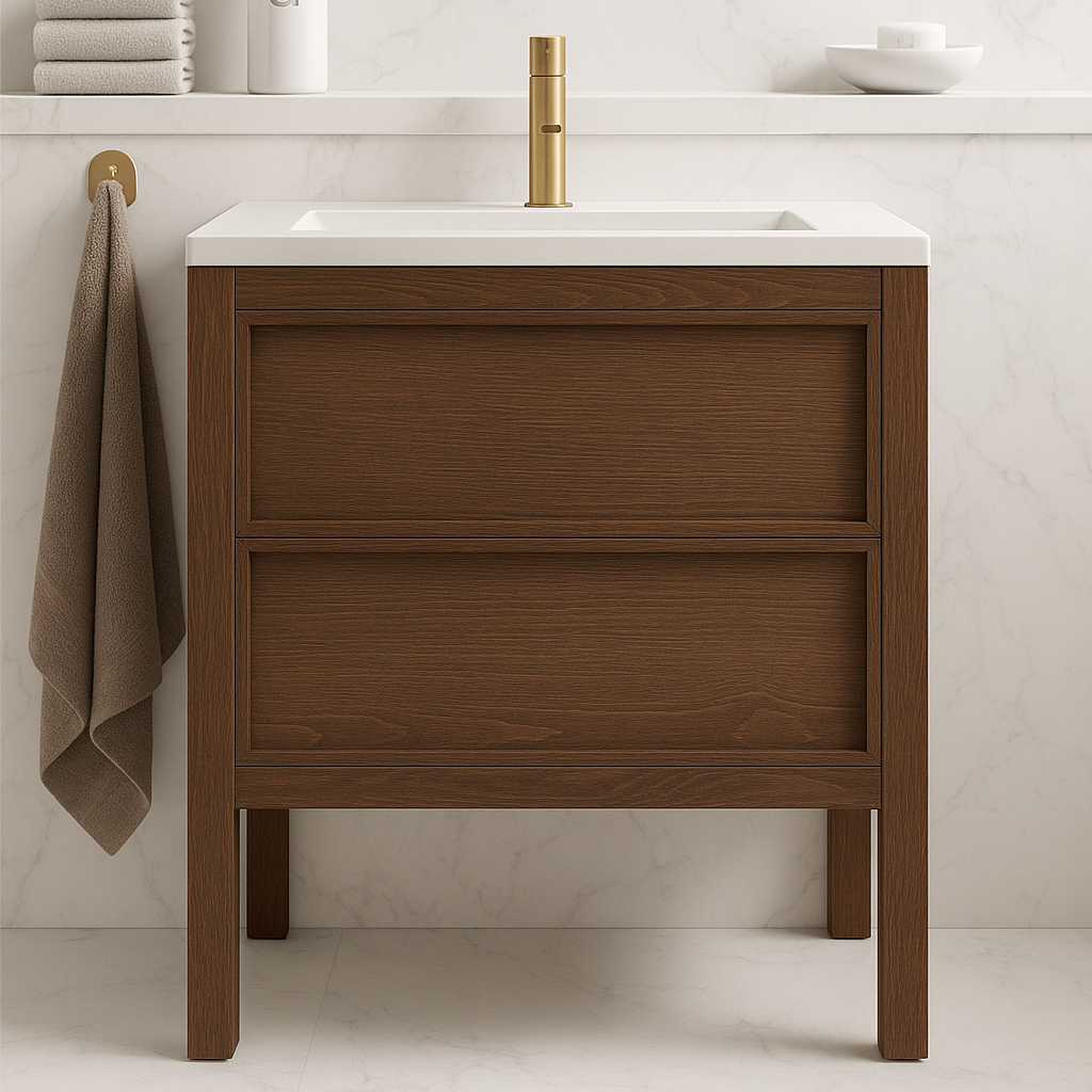 Walnut Rounded Vanity Solid Walnut Double Sink Bathroom Vanity — Freestanding Mid-Century ...