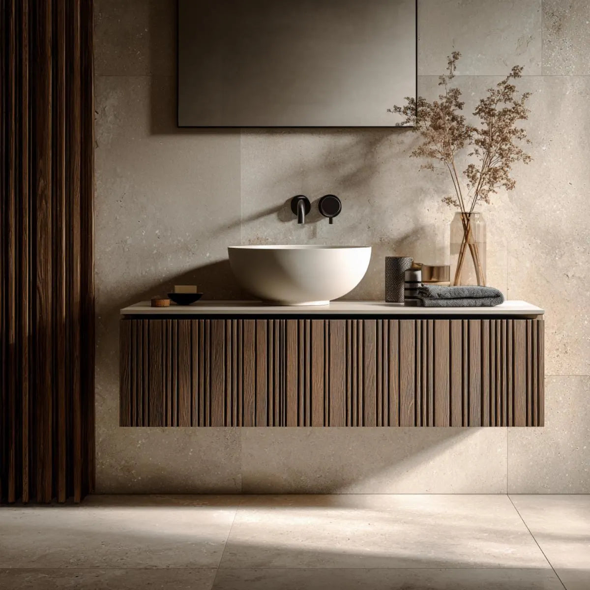 Handcrafted walnut slatted floating bathroom vanity in Japandi minimalist style.