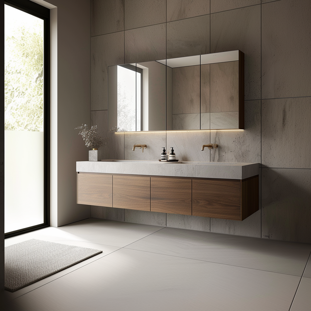 floating walnut double sink vanity handleless