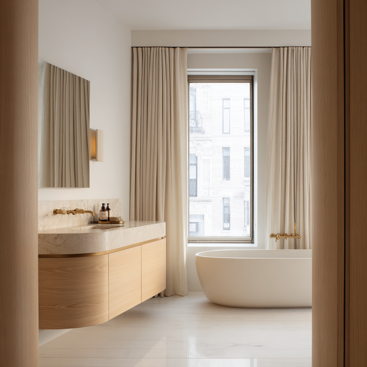 white oak double sink curved vanity wall mounted design