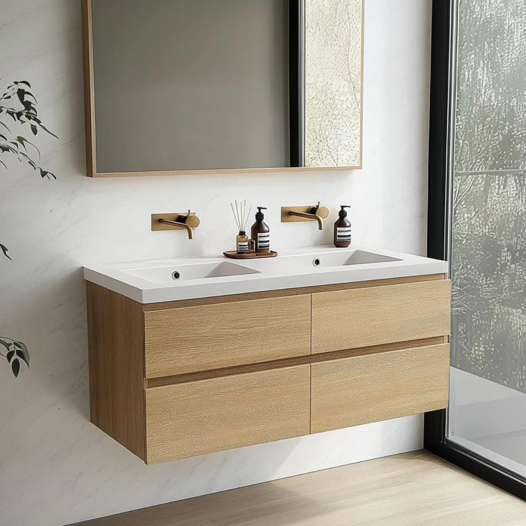 White oak floating double sink vanity with soft-close drawers and minimalist design.”