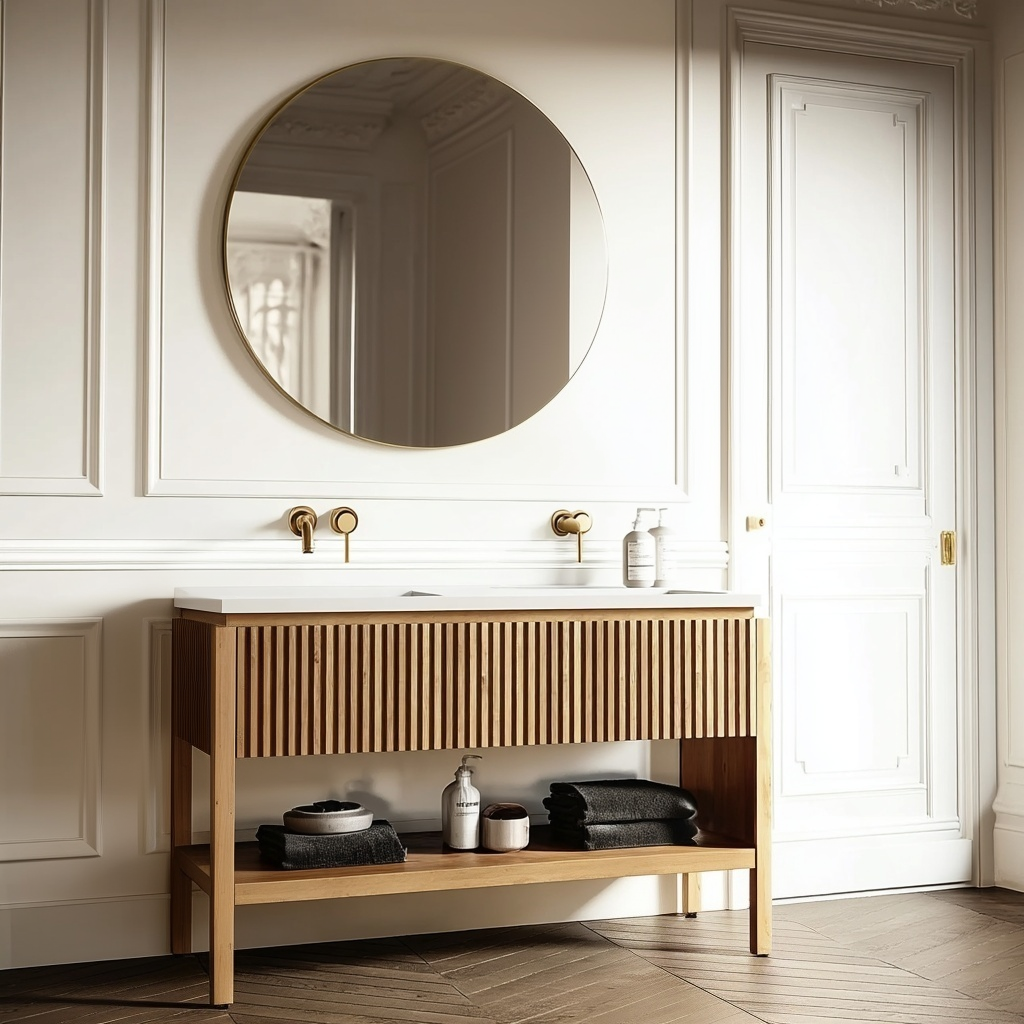white oak double sink vanity with fluted drawers