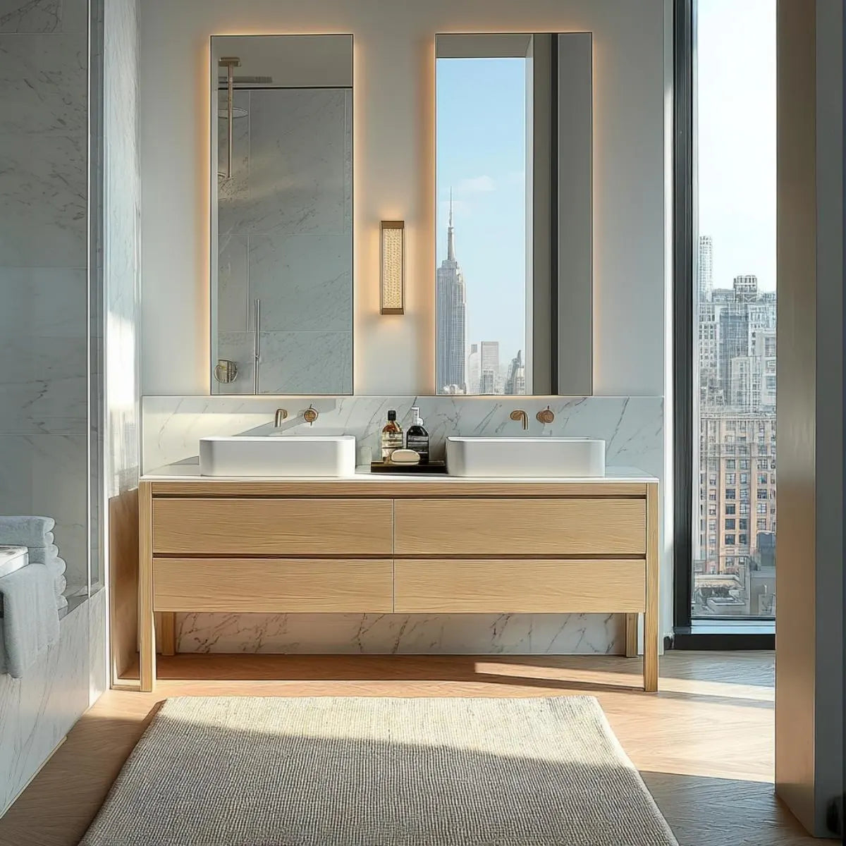 Freestanding white oak double sink vanity with 45° handleless drawers, handcrafted by HEAVEN.