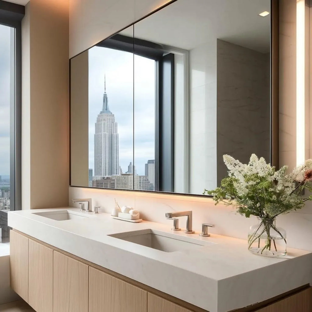 Modern floating white oak bathroom vanity with soft-close doors, handcrafted by HEAVEN.