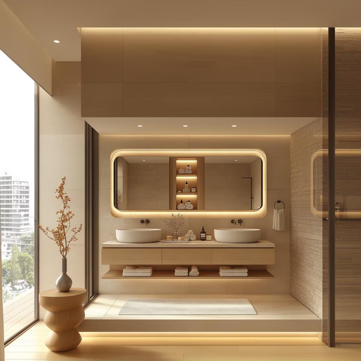 Modern white oak floating vanity with soft-close drawers and open shelf, handcrafted by HEAVEN.