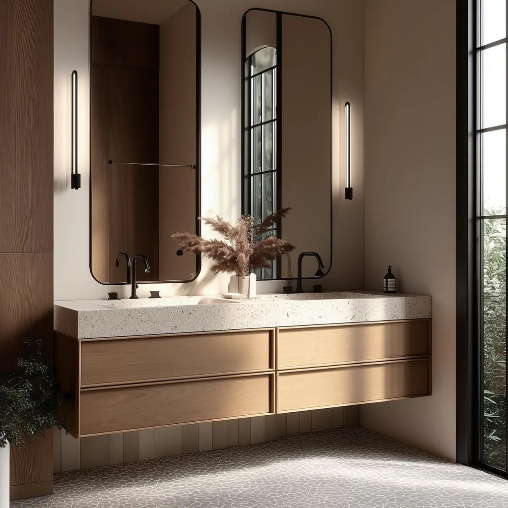 Modern white oak floating bathroom vanity with handleless drawers, handcrafted by HEAVEN.