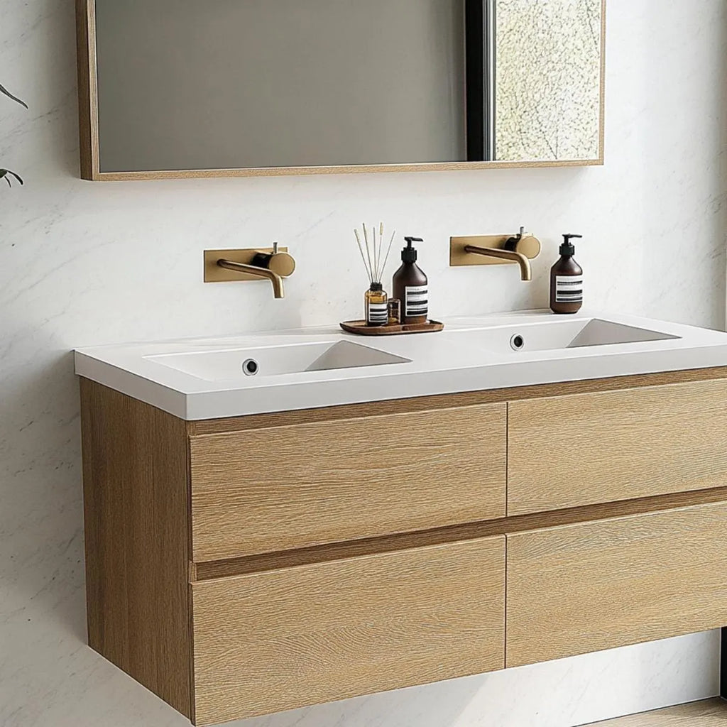Close-up of white oak vanity front with 45-degree beveled drawers
