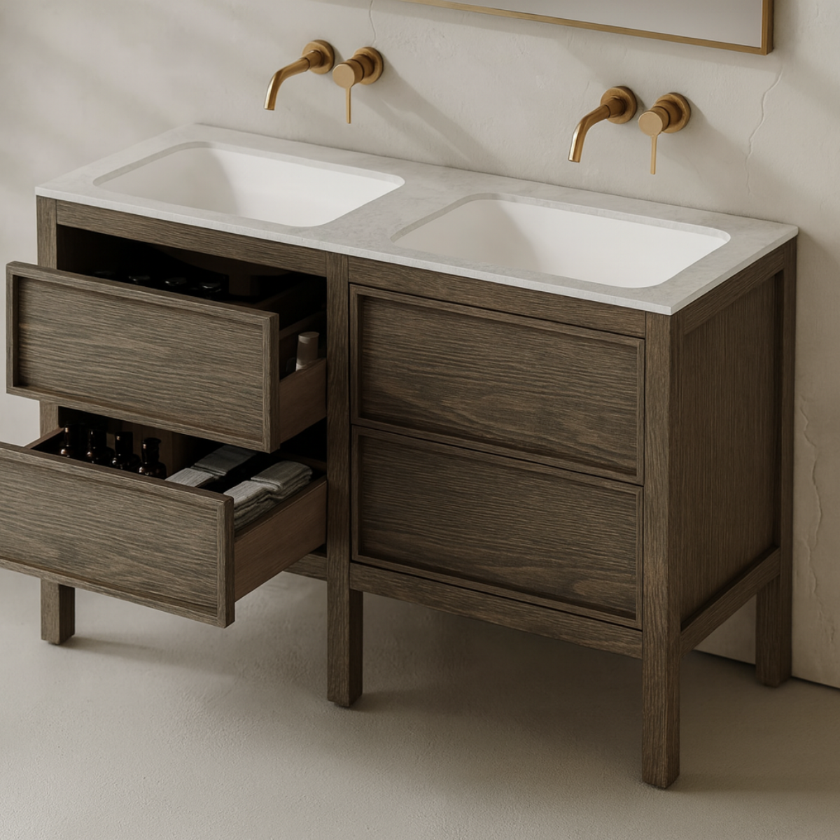 modern white oak shaker vanity with soft-close drawers