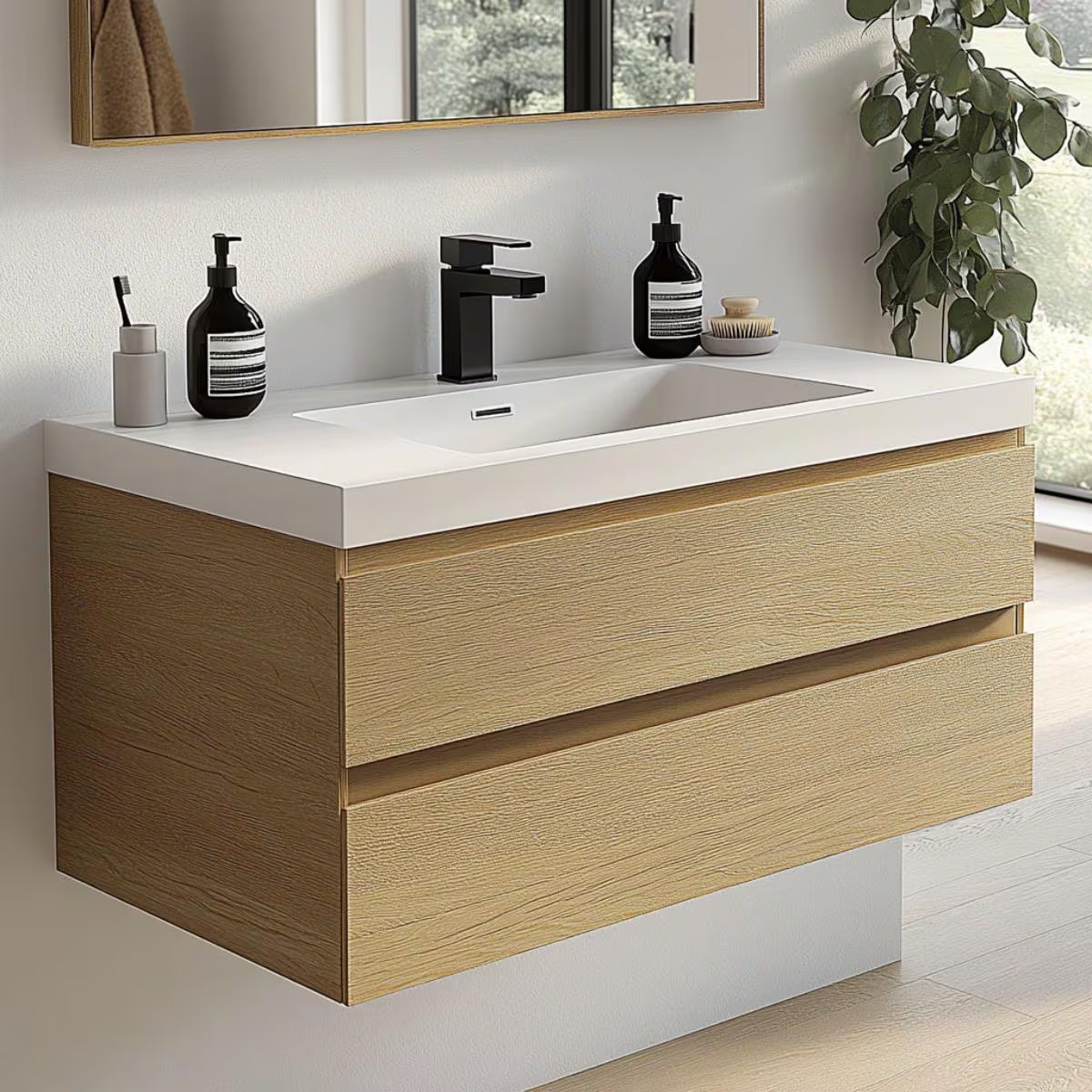Modern white oak floating bathroom vanity with handleless drawers and natural horizontal grain.