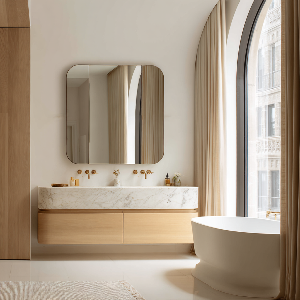 floating white oak cabinet with handleless drawer