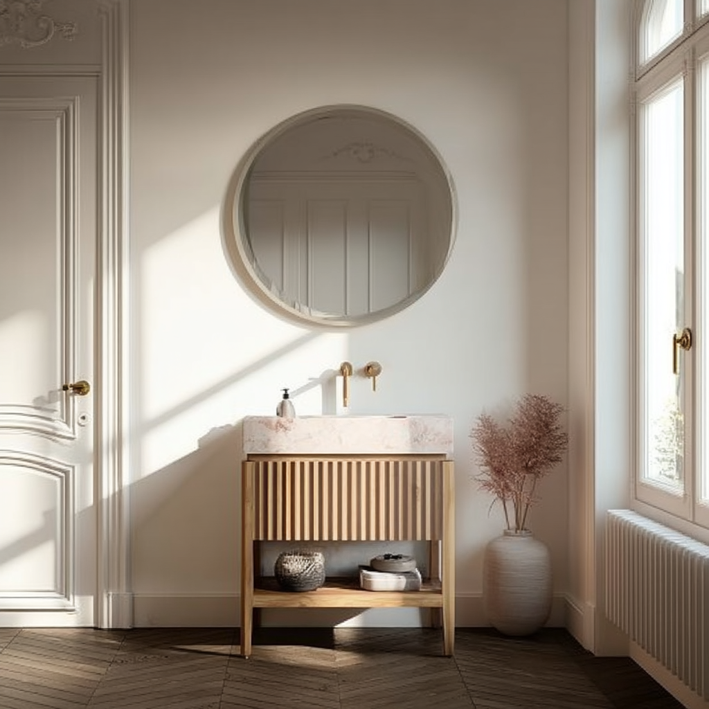 handcrafted white oak bathroom vanity with fluted drawer