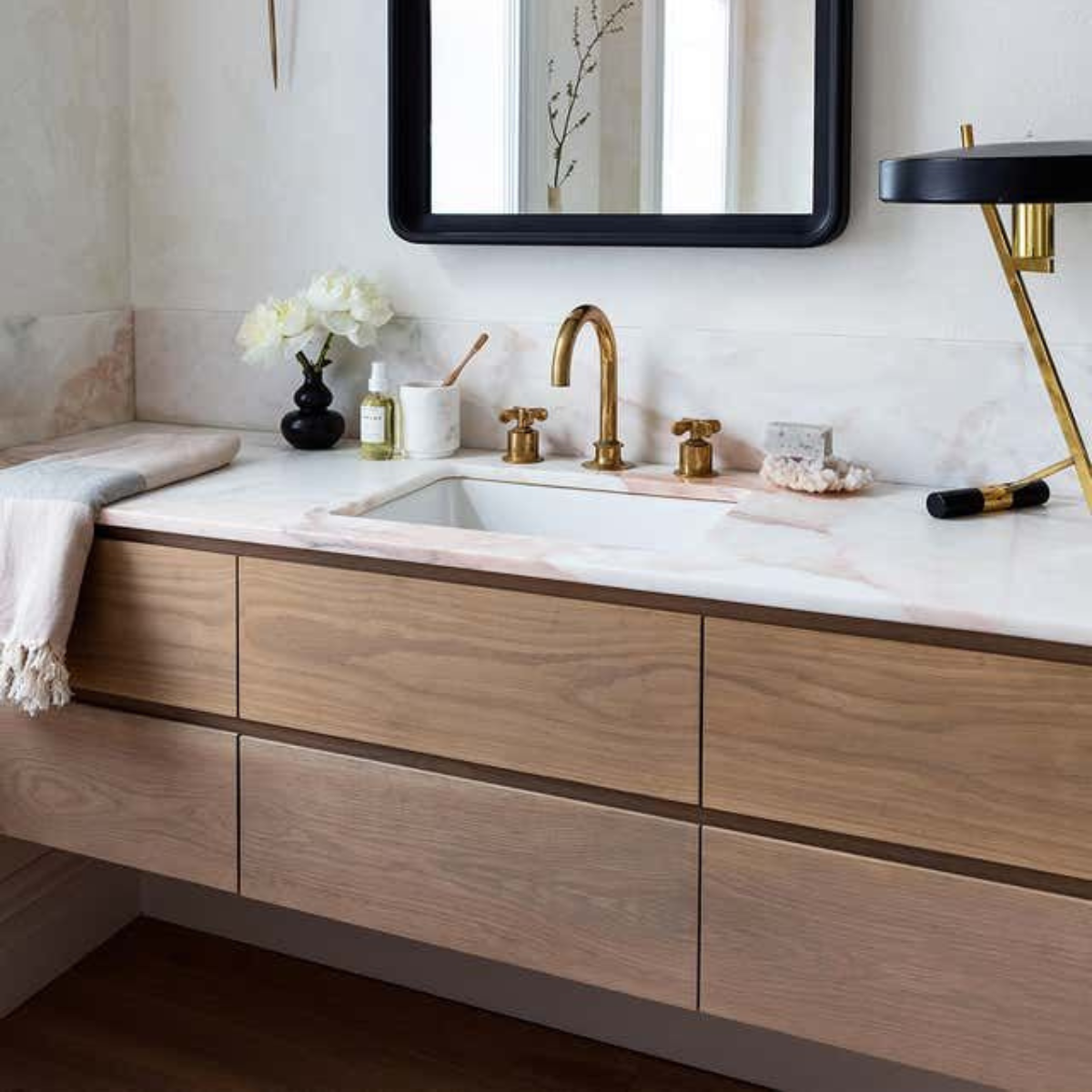 close-up of white oak veneer grain on floating vanity